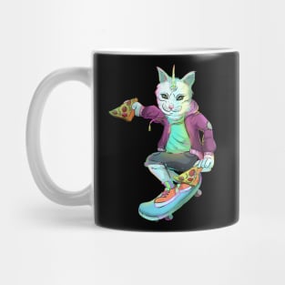 Badass Unicorn Cat Skateboarding Pizza lover Mug